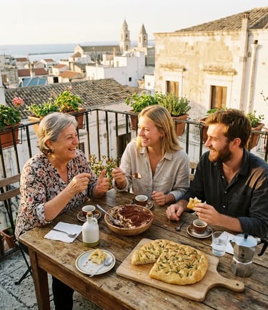 Local host and travelers sharing tiramisu and focaccia on a Bari rooftop at golden hour
