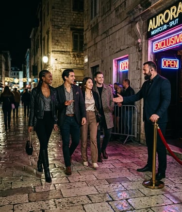 Group of stylish travelers welcomed past velvet rope at exclusive nightclub in Split