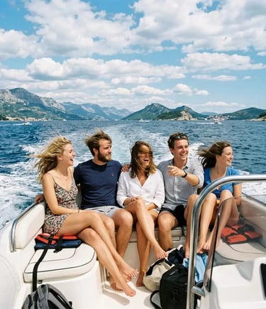 Happy group of friends laughing on private speedboat cruising the Adriatic Sea near Split