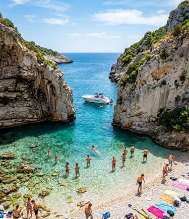 Swimmers in turquoise water at Stiniva Bay beach on Vis island Croatia