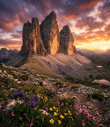 Tre Cime di Lavaredo at sunset with wildflowers and dramatic orange sky