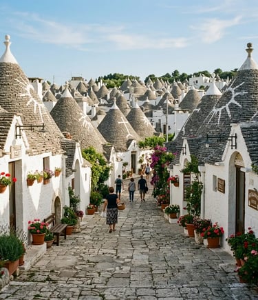 Conical Trulli rooftops lining cobblestone street in Rione Monti quarter Alberobello Puglia