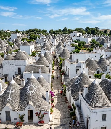 Conical Trulli rooftops with painted symbols in Alberobello Rione Monti district