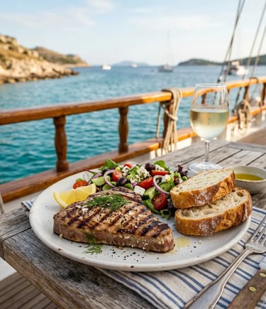 Grilled tuna steak with salad and bread served on a wooden sailing boat in Croatia