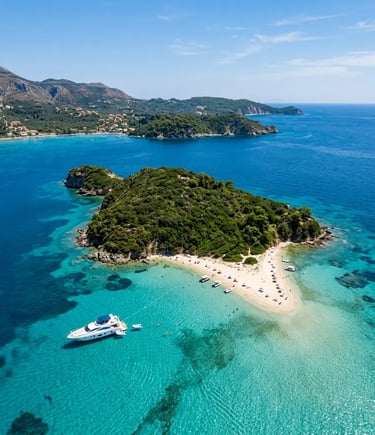 Aerial view of green island with white sand beach and yacht in turquoise Zakynthos waters