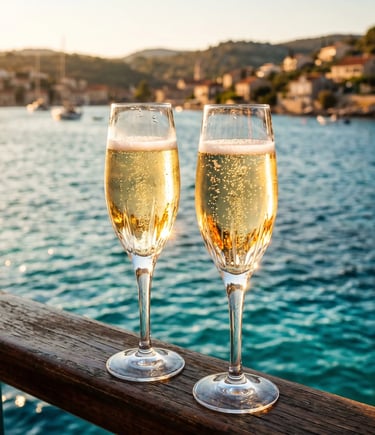Two sparkling prosecco glasses on wooden boat rail overlooking turquoise sea