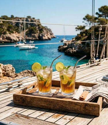 Two cold drinks on wooden tray on sailing yacht deck in Menorca cove