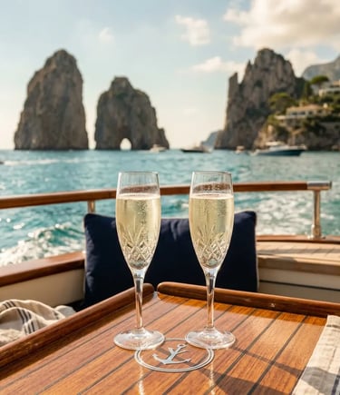 Two Prosecco glasses on yacht deck with Capri Faraglioni rocks in background