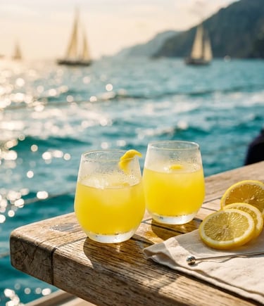 Two glasses of chilled Limoncello on a boat deck with sailboats and bright sea behind