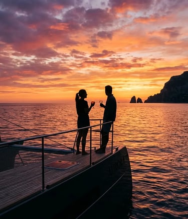 Couple silhouette toasting sunset aperitif on catamaran bow near Capri Island