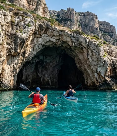 Two kayakers paddling toward a coastal sea cave in turquoise water near Tossa de Mar