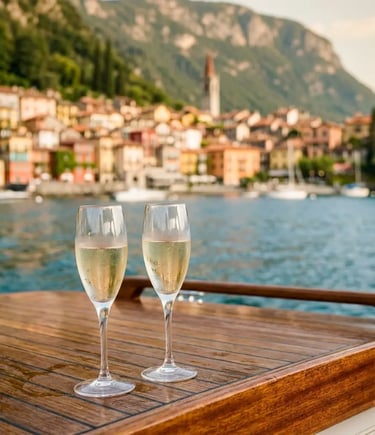 Two prosecco glasses on polished wooden boat deck with Varenna village in background