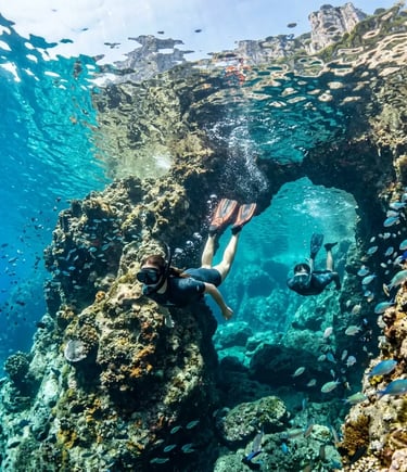 Two snorkelers exploring rock formations and fish in crystal-clear Capri water