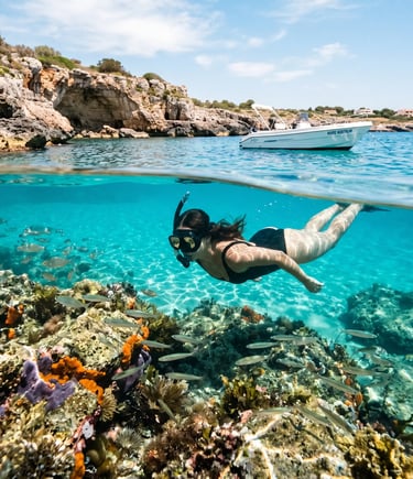 Woman snorkeling over colorful reef with fish near small tour boat in Salento cove, Puglia