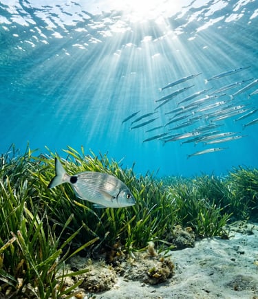 Underwater view of seagrass meadow, sea bream and needlefish in clear Adriatic waters