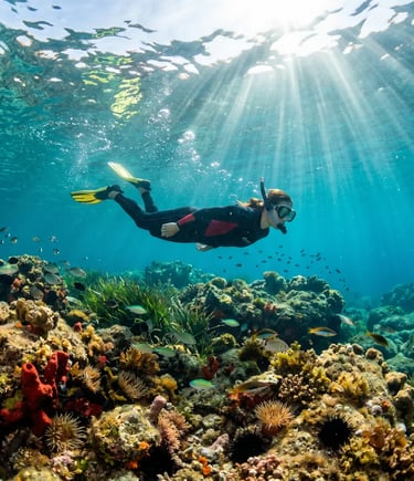 Woman snorkelling above vibrant coral reef in clear turquoise Adriatic Sea, Salento