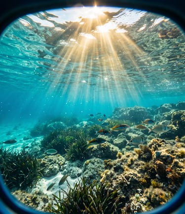 Underwater Adriatic scene with sunrays, colorful fish and sea grass through snorkel mask view