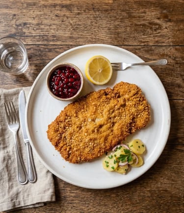 Golden vegan schnitzel on white plate with cranberry sauce lemon and potato salad