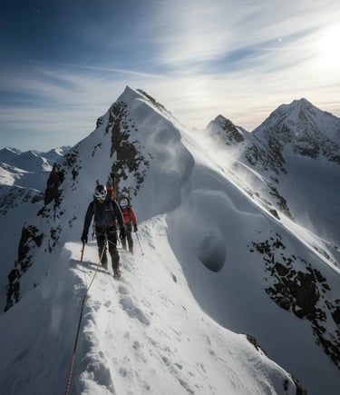Two mountaineers or ski tourers walking carefully along a narrow, snowy ridge with ropes and ice axe