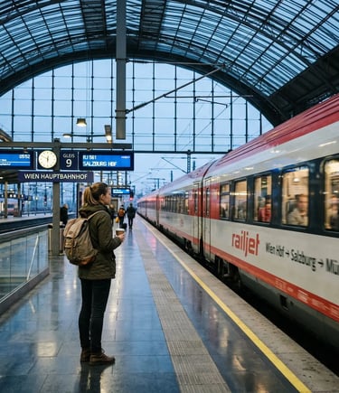 Solo female traveler with backpack standing on Vienna main station platform at dawn
