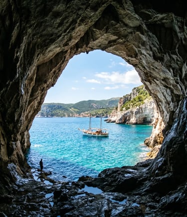 View from inside limestone sea cave with white sailboat on turquoise Adriatic water