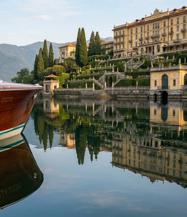 Riva mahogany boat moored before Villa d'Este Renaissance garden terraces Lake Como