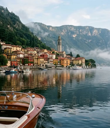 Colorful Italian village on Lake Como seen from a classic wooden boat in morning mist