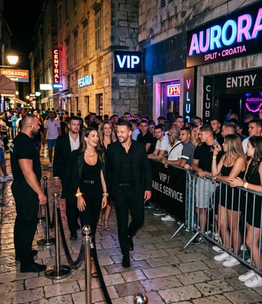 Couple walking past queue with VIP priority access at Split Croatia nightclub