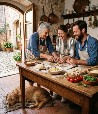Italian nonna teaching couple to make orecchiette pasta as their dog rests under wooden table