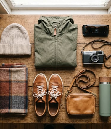 Flat lay of what to wear for Matera balloon ride: beanie, jacket, sneakers, camera