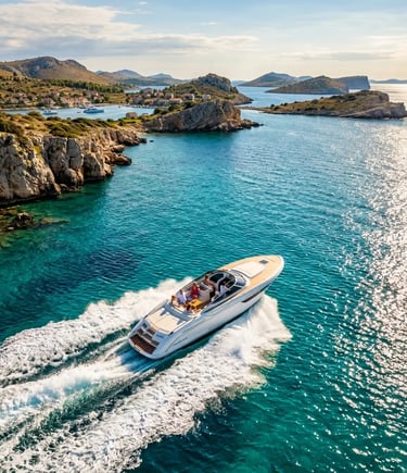 Aerial view of private speedboat cruising turquoise Adriatic waters near Split Croatia