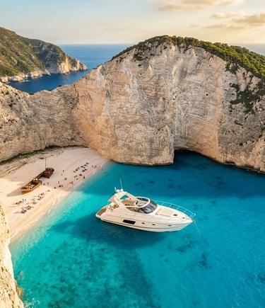 Private yacht anchored at Navagio Shipwreck Beach Zakynthos with iconic rusted ship on sand