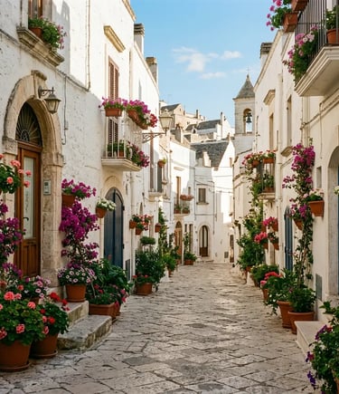 Narrow whitewashed alley with flower pots and blue doors in Locorotondo old town Puglia