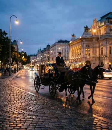 Horse-drawn carriage driven by coachman in top hat along wet Ringstrasse  Vienna State Opera illuminated in background
