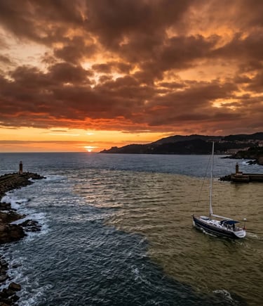  Luxury yacht entering the Atlantic Ocean from Douro River estuary at sunset in Porto