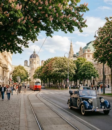 Classic vintage Oldtimer car driving along the Ringstraße with blooming chestnut trees