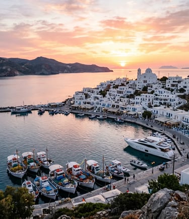 Adamas harbor in Milos at sunset with fishing boats and whitewashed village on the hillside