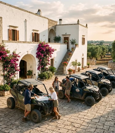 Group of travellers reviewing trail map beside buggies at whitewashed masseria