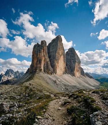 Wide view of Tre Cime di Lavaredo rock towers rising above alpine terrain on a sunny day