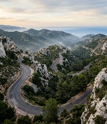 Winding switchback roads through the Garraf Massif limestone terrain