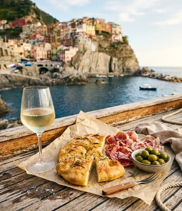 White wine glass with Ligurian focaccia and cured meats on boat deck near Cinque Terre