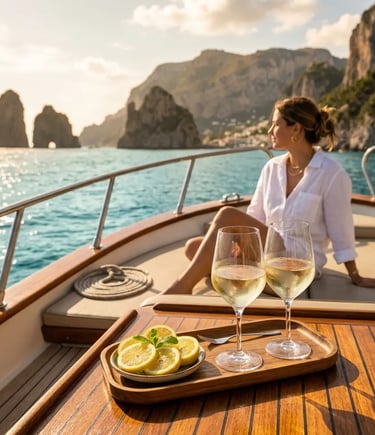 Chilled white wine and lemon tray on teak deck with Faraglioni view, Capri private boat tour
