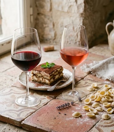 Puglian Primitivo and Negroamaro rosato wines paired with Tiramisu and orecchiette on terracotta