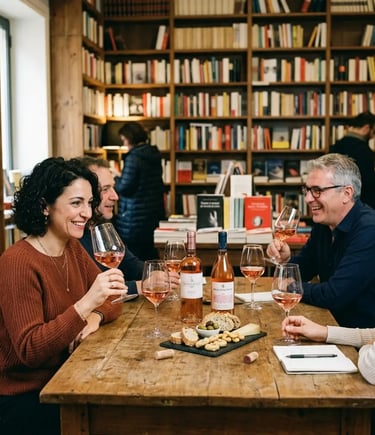Guests enjoying Primitivo wine tasting with charcuterie at Liberrima bookstore Bari