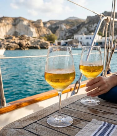 Two chilled white wine glasses on teak deck of private catamaran in Pollonia harbor, Milos Greece
