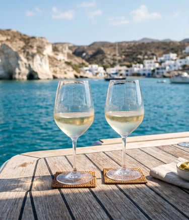 Private sailing yacht with couple on deck returning to Pollonia village at pink sunset, Milos Greece