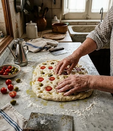  Hands pressing cherry tomatoes and olives into focaccia barese dough in a Bari kitchen
