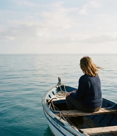 Woman sitting at the bow of a small boat gazing at calm open sea
