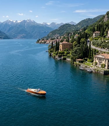 Aerial view of classic wooden boat cruising past Cernobbio villas on Lake Como