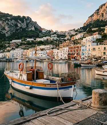 Traditional wooden Caprese gozzo San Gennaro moored at Marina Grande harbor in Capri at sunset